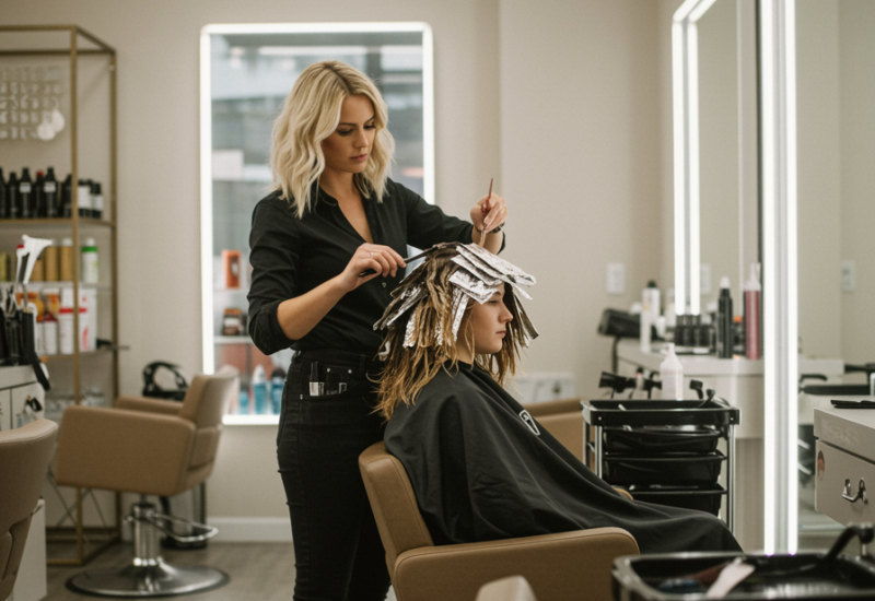 img nosotros 3 "Salón moderno con estilista aplicando balayage a clienta, iluminación natural y decoración elegante en un ambiente sofisticado."