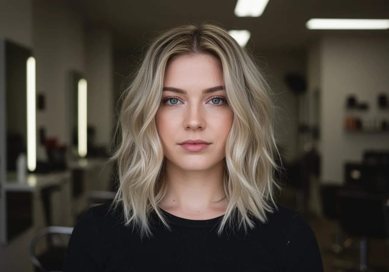 img seccion diferencia "Retrato fotorealista de una mujer blanca con balayage natural y acabado de cabello impecable, en un salón iluminado que resalta resultados de alta calidad."